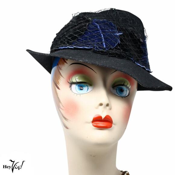 Vintage 1940s Hat Black Shaped Wide Brim w Velvet Appliques Net Veil - Hey Viv - Picture 1 of 8